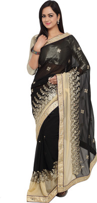 kvsfab Embroidered Fashion Georgette Saree(Black, Beige)