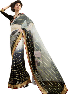 Vishal Printed Fashion Net Saree(Multicolor), Black