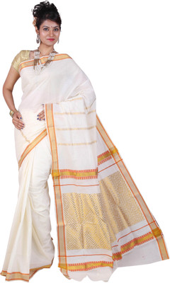 Fashionkiosks Self Design Balarampuram Handloom Cotton Saree(Multicolor), Cream