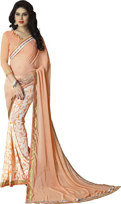 Saara Printed Fashion Georgette Saree(Orange, White), Light orange and white