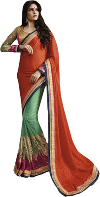 

Ishin Embroidered Fashion Chiffon Saree(Orange), Orange & green