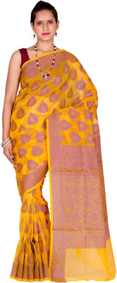 

Chandrakala Self Design Banarasi Cotton Saree(Purple, Yellow)