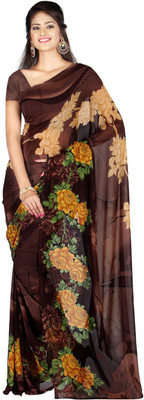 

Desi Butik Floral Print Fashion Art Silk Saree(Brown)