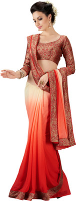 

Jiya Self Design, Printed Fashion Georgette Saree(Beige, Red)