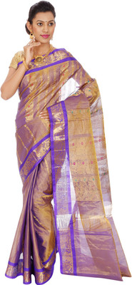 

Mahaveersilkcreations Woven Kanjivaram Handloom Tissue Saree(Beige, Purple), Bright violett