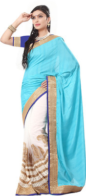 

Ishin Embellished Fashion Georgette Saree(Blue), Firozi & cream