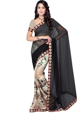 

Suvastram Floral Print Fashion Chiffon Saree(Black, Beige), Multicolor