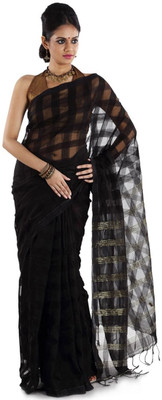 

Hawai Checkered Tant Cotton Saree(Black)