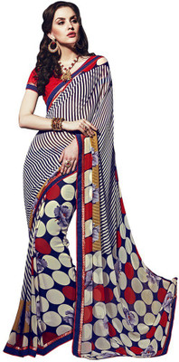 

Desi Butik Printed Fashion Georgette Saree(Blue, White), Blue and cream