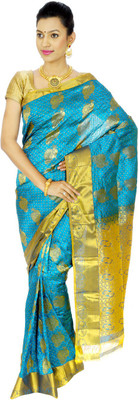 

Mahaveersilkcreations Woven Kanjivaram Art Silk Saree(Light Blue), Aqua blue
