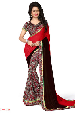 

Indianbeauty Self Design, Solid, Printed Fashion Georgette Saree(Red, Brown), Red;saddlebrown