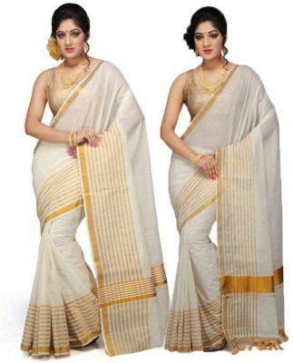 Selvamani Tex Solid/Plain Mundum Neriyathum Handloom Cotton Blend Saree(Pack of 2, Gold)