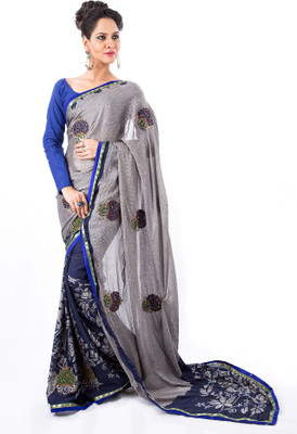 

Cenizas Floral Print Fashion Crepe Saree(Blue)