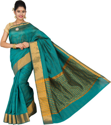 

Pavechas Striped Banarasi Silk Cotton Blend Saree(Blue)
