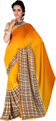 Jiya Self Design, Printed Fashion Georgette Saree(Yellow, Beige, Orange), Beige;orange;yellow