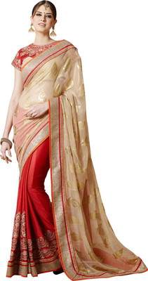 

Saara Embroidered Fashion Georgette Saree(Beige, Red), Beige and red