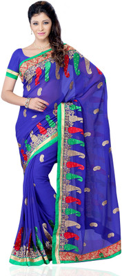 

JTInternational Self Design, Solid Fashion Georgette Saree(Blue)
