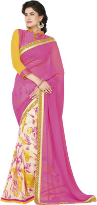 

Manthan Printed Daily Wear Georgette Saree(Pink, White), Pink & cream