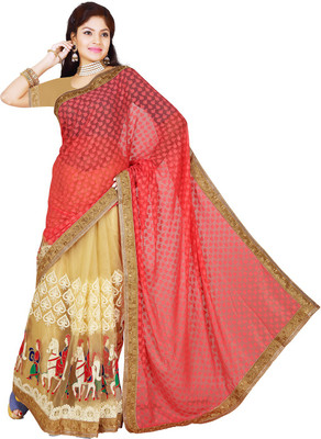 

Ishin Embellished Chanderi Pure Silk, Raw Silk, Tissue Silk Saree(Red), Red & chiku