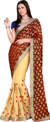 

Khushali Self Design, Embroidered Fashion Chiffon Saree(Red, Beige), Beige;red