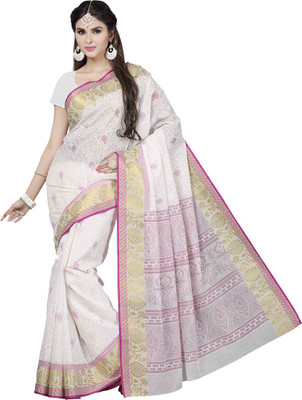 

Rani Saahiba Printed Gadwal Polycotton Saree(White), Pink