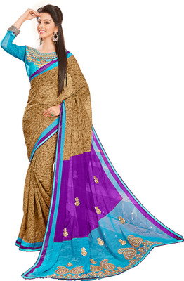 

Khoobee Self Design, Embroidered Fashion Chiffon Saree(Beige, Light Blue, Purple)