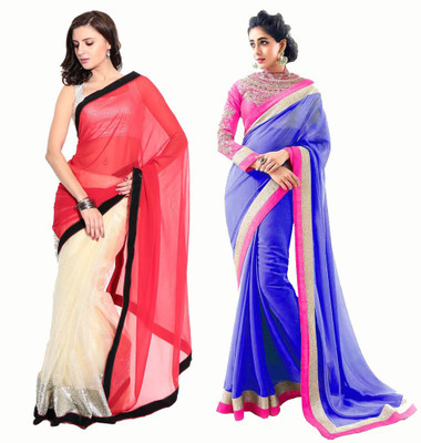 

Stylezone Solid Fashion Chiffon Saree(Pack of 2, Red, Blue), Blue;red