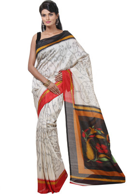 

JTInternational Printed Bhagalpuri Silk Saree(Black, White)