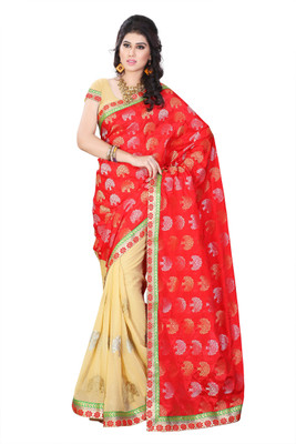 

Diva Fashion-Surat Embroidered Bollywood Handloom Jacquard, Georgette Saree(Red, Beige), Beige;red