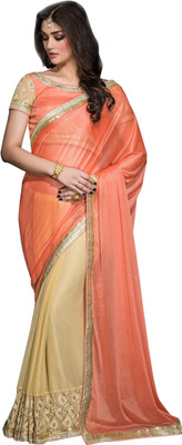 

Khoobee Self Design, Embroidered, Embellished Fashion Chiffon, Lycra Saree(Pink, Beige), Beige;pink