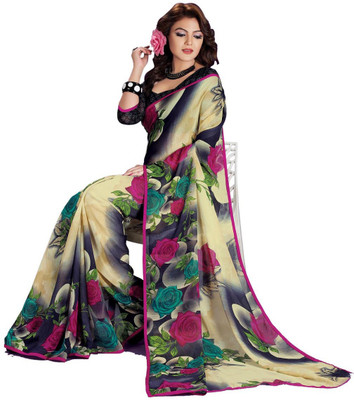 

Saara Printed Fashion Georgette Saree(Yellow, Blue), Light yellow & navy