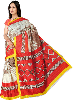 Jiya Printed Fashion Art Silk Saree(Red, Multicolor), Multicolor;red