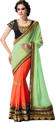 

Brijraj Embroidered Fashion Georgette Saree(Orange, Light Green), Light green;orange