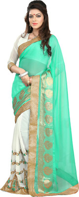 Saara Embroidered Fashion Cotton Saree(Light Green), Light green and cream