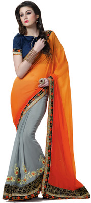 

Khushali Self Design, Embroidered Fashion Georgette Saree(Grey, Orange, Blue), Blue;grey;orange