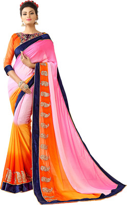

Khoobee Self Design, Embroidered, Embellished Fashion Chiffon Saree(Orange, Yellow, Pink), Orange;pink;yellow