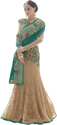 Jiya Self Design, Embroidered, Embellished Fashion Net Saree(Beige, Green)