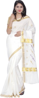 

Fashionkiosks Solid Fashion Handloom Cotton Saree(White), White gold