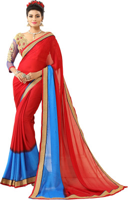 

Khoobee Self Design, Embellished Fashion Chiffon Saree(Red, Blue), Blue;red