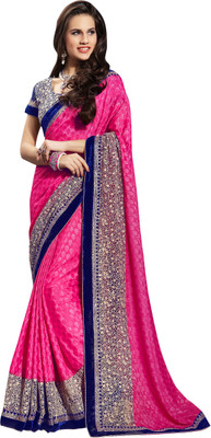 

Khoobee Self Design, Embroidered Fashion Jacquard, Net Saree(Pink)