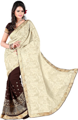 

Jiya Self Design, Embroidered Fashion Georgette Saree(Brown, White), Chocolate;cream