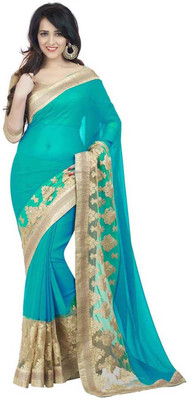 Om Designer Embroidered Bollywood Cotton Blend, Chiffon Saree(Light Blue) at flipkart