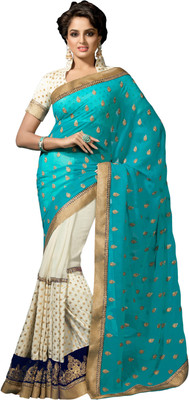 

Parisha Embroidered Fashion Chiffon Saree(White, Green), Cream;sea green