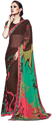 

Desi Butik Printed Fashion Georgette Saree(Brown, Green, Pink), Brown and green and pink