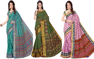 

Aarti Apparels Printed Gadwal Cotton Saree(Pack of 3, Multicolor)