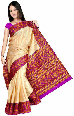 

Ishin Printed Fashion Art Silk Saree(Beige), Beige & red