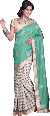 

Sati Embroidered Fashion Art Silk Saree(Green, Beige), Beige;green
