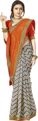 

Saara Printed Fashion Silk Saree(Orange, White), Orange and off-white