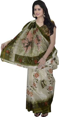 

Parisha Printed Daily Wear Silk Saree(White, Green), Cream & green
