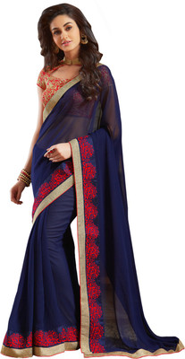 

Manthan Embroidered Fashion Georgette Saree(Dark Blue), Navy blue